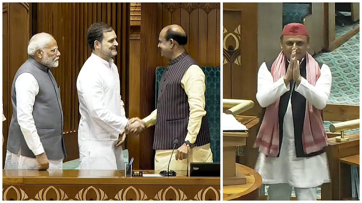 PTI images : L: LoP Rahul Gandhi and Prime Minister Narendra Modi escorting Om Birla to LS Chair | R: Samajwadi Party chief Akhilesh Yadav In Lok Sabha