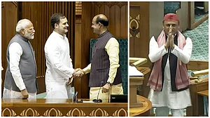 PTI images : L: LoP Rahul Gandhi and Prime Minister Narendra Modi escorting Om Birla to LS Chair | R: Samajwadi Party chief Akhilesh Yadav In Lok Sabha