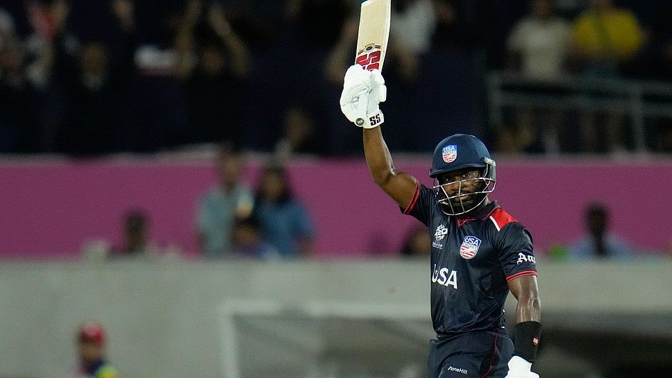 United States' Aaron Jones reacts after scoring 50 runs during the men's T20 World Cup cricket match between the United States and Canada at Grand Prairie Stadium, in Grand Prairie, Texas. - AP/Julio Cortez
