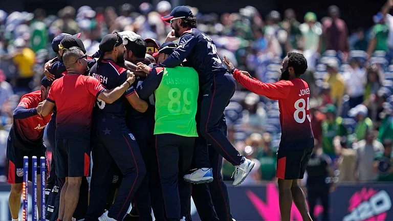 USA players celebrate their super over win against Pakistan. - AP