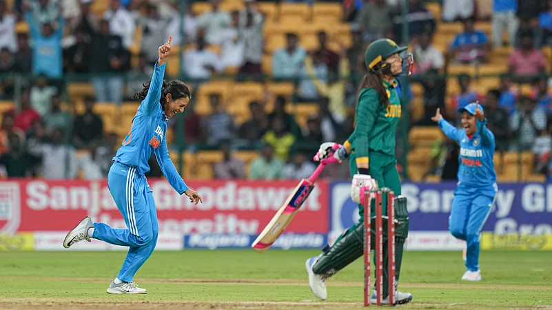 Smriti Mandhanas reaction after taking a wicket against South Africa. PTI