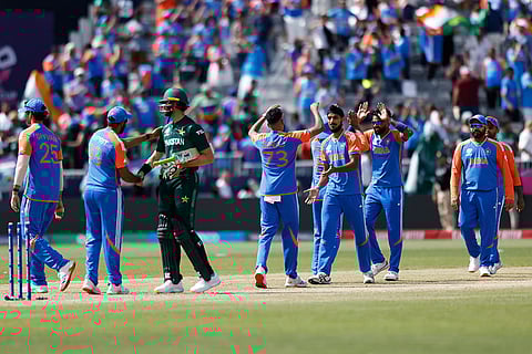 Indian players celebrate after their win over Pakistan in their ICC T20 World Cup 2024 clash at the Nassau County International Cricket Stadium in Westbury, New York.