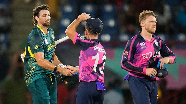 Tim David hit the winning runs for Australia against Scotland, in their ICC T20 World Cup 2024 match in St Lucia on Sunday (June 16). - Photo: AP/Ramon Espinosa