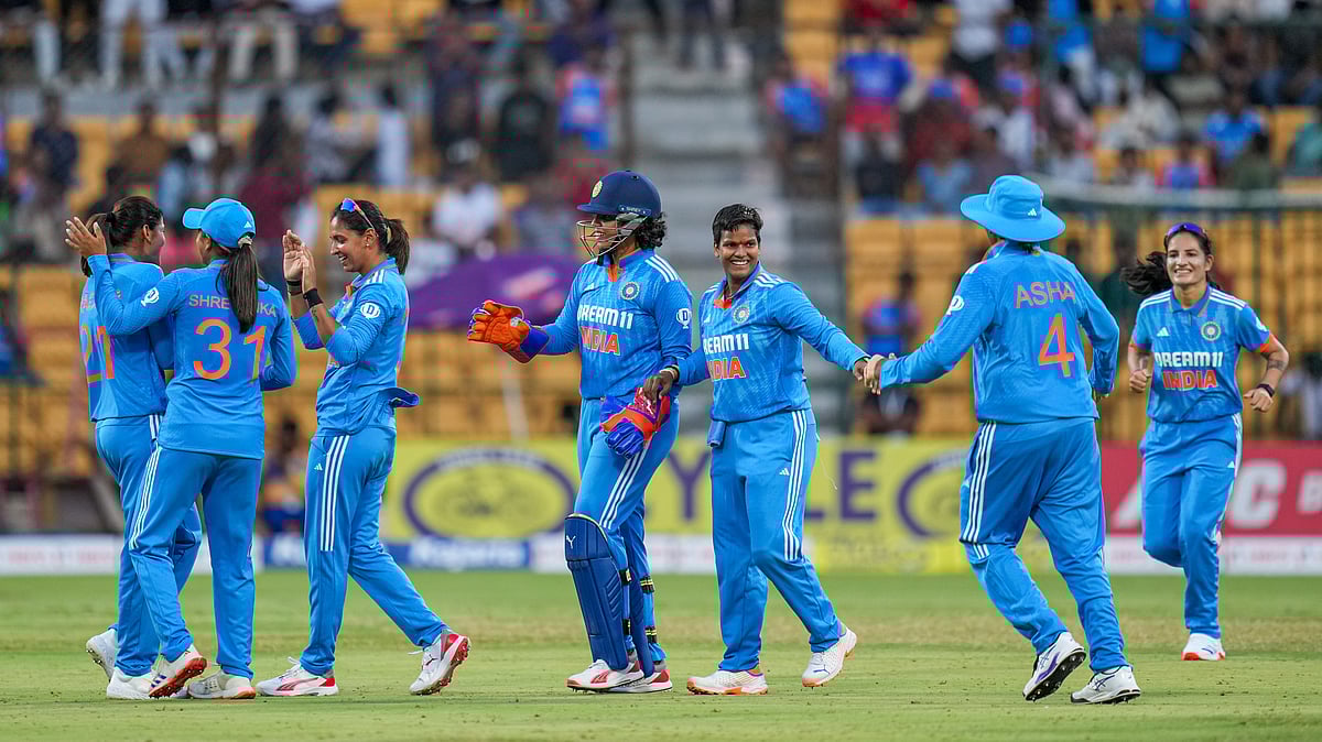PTI/Shailendra Bhojak : Indian women's team celebrate a fall of South Africa women's team wicket.