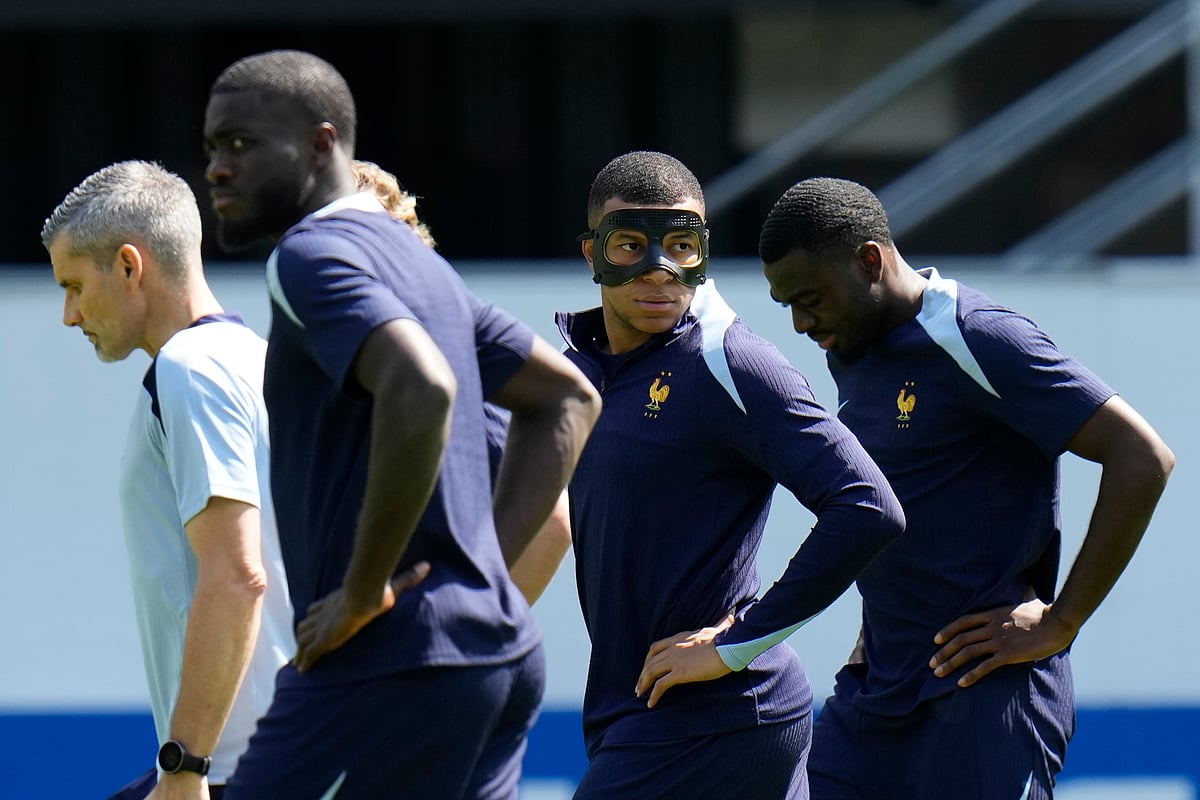 France's Kylian Mbappe looks on during a training session in Paderborn, Germany, Monday, June 24, 2024. France will play against Poland during their Group D soccer match at the Euro 2024 soccer tournament on June 25.  - (AP Photo/Hassan Ammar)