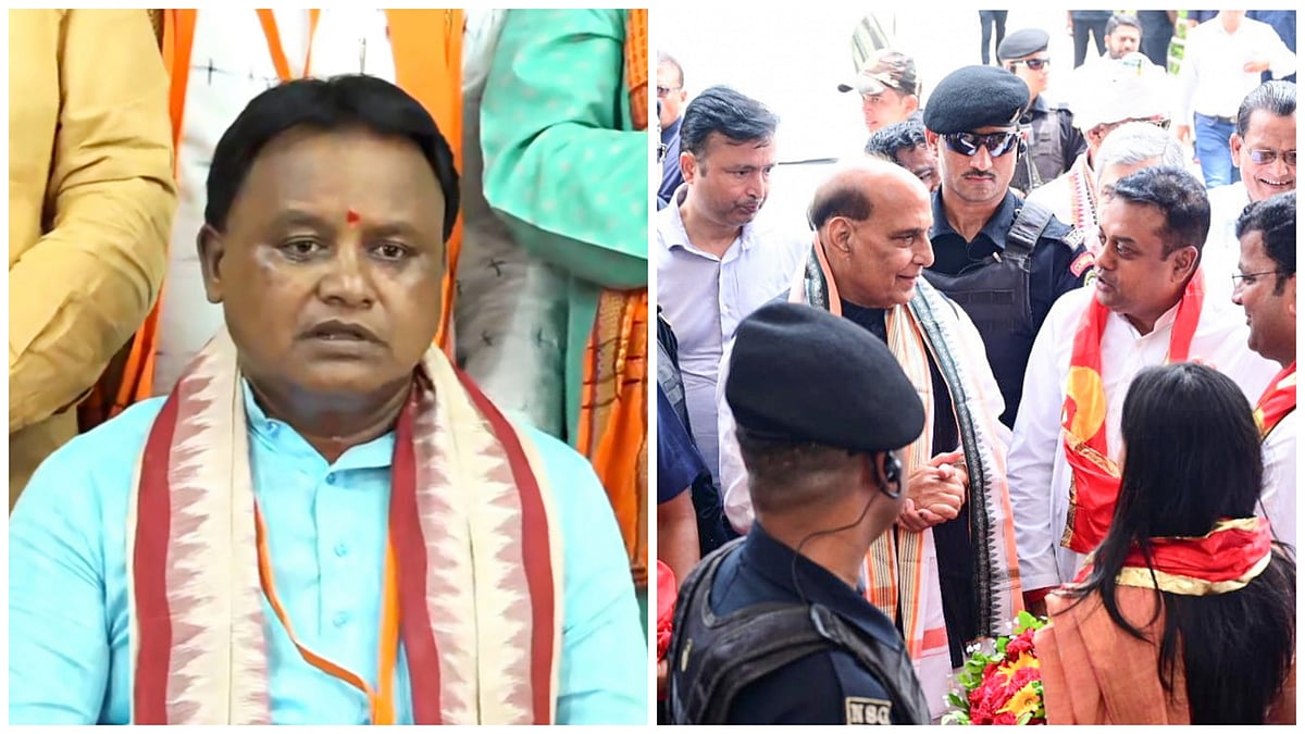 PTI images : L: Odisha CM Mohan Charan Majhi | R: BJP leaders at Jagannath temple in Odisha's Puri