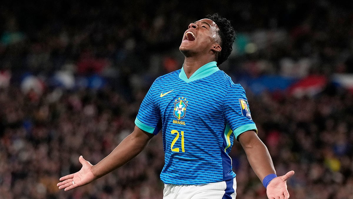 FILE - Brazil's Endrick celebrates after scoring the opening goal during a friendly soccer match between England and Brazil at Wembley Stadium in London, Saturday, March 23, 2024. The 17-year-old striker is widely expected to be in the starting lineup at Copa America, his first major event with the senior team.
 -  (AP Photo/Alastair Grant, File)