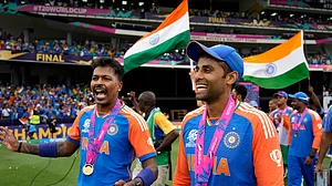 AP Photo/Ramon Espinosa : India's Hardik Pandya, left, and teammate Suryakumar Yadav celebrate after India won the ICC Men's T20 World Cup final cricket match against South Africa at Kensington Oval in Bridgetown, Barbados.