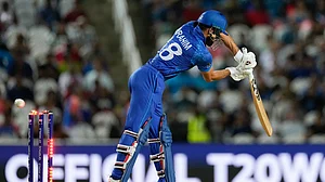 AP/Ricardo Mazalan : Ibrahim Zadran is clean bowled by Kagiso Rabada, during the Afghanistan vs South Africa, ICC T20 World Cup 2024 match in Trinidad on Thursday (June 27).