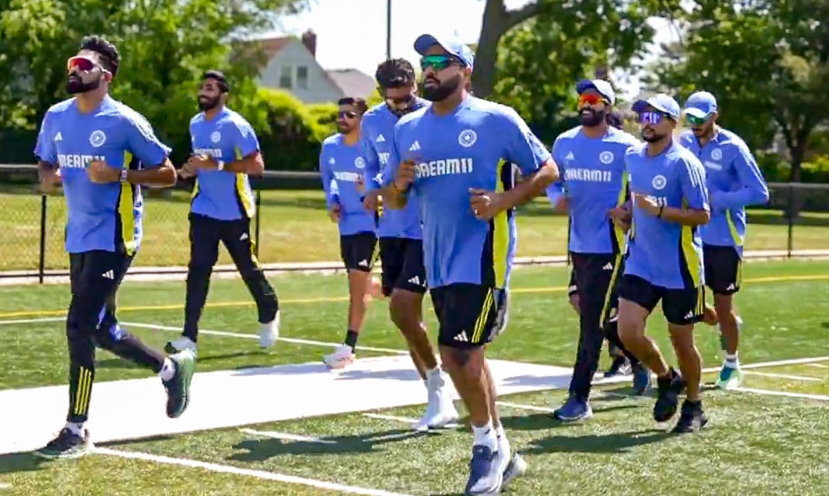 -PTI/BCCI Photo : Indian cricket team players during a training session for the ICC T20 World Cup 2024 in New York.