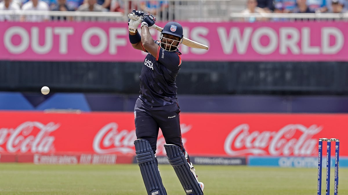 AP Photo/Adam Hunger : United States' Steven Taylor plays a shot during the ICC Men's T20 World Cup cricket match between the United States and India at the Nassau County International Cricket Stadium in Westbury, New York.