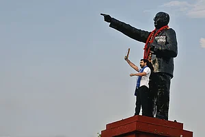 Photo: Tribhuvan Tiwari : Standing Tall: Chandrashekhar Azad, the newly-elected MP from Nagina, addressing party workers in Delhi