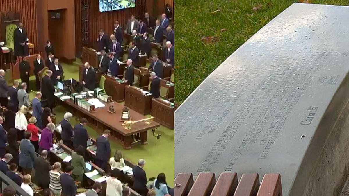 Canadian Parliament's 'moment of silence' (Left); Air India Memorial at Stanley Park's Ceperley Playground area (right) - X