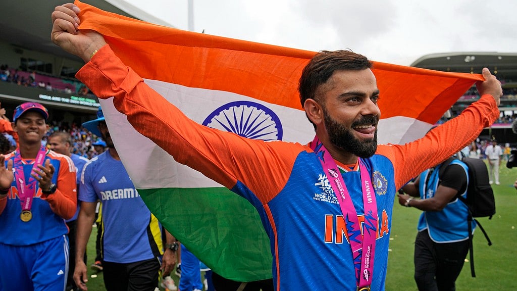 Virat Kohli celebrates India's T20 WC title in Barbados on Saturday, June 29. - AP/Ramon Espinosa