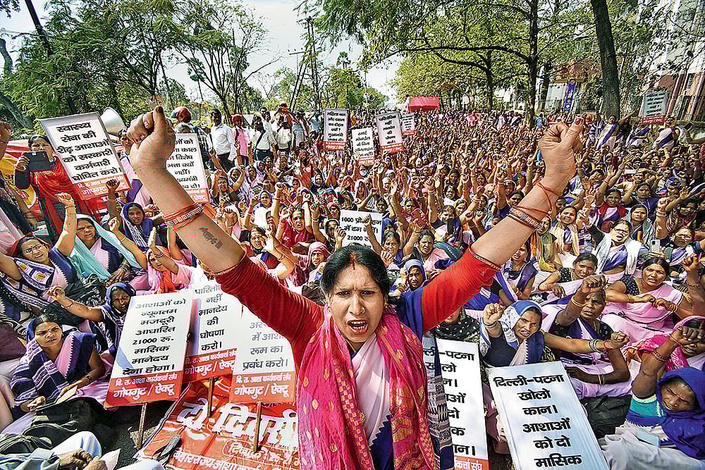 Common Cause: ASHA health workers during a protest demanding higher wages in Patna on March 11, 2022 - Photo: PTI
