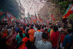Abhishek Chinnappa via Getty : Supporters of the Bharatiya Janata Party (BJP) celebrate election results on June 04, 2024 in Bengaluru,