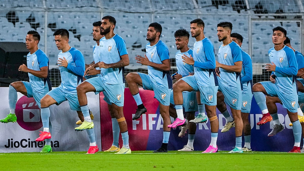 Indian national football team players in practice. PTI Photo/Swapan Mahapatra