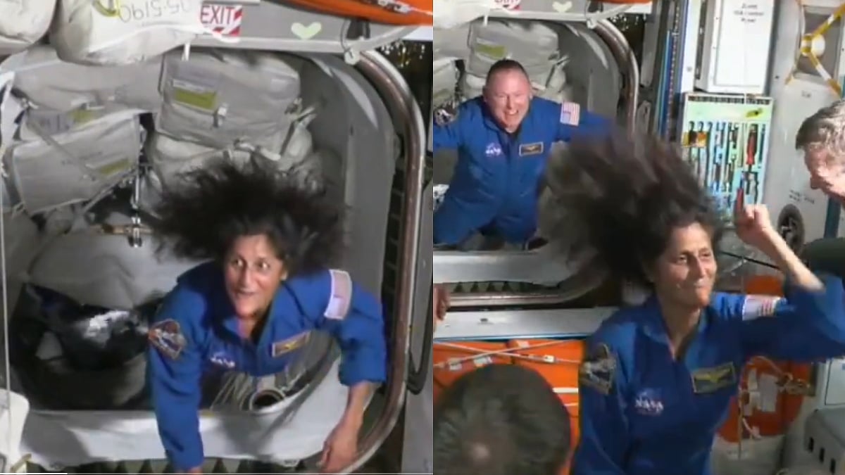 X/@BoeingSpace : Sunita Williams entering the ISS and dancing in a cheery mood as Wilmore follows. 