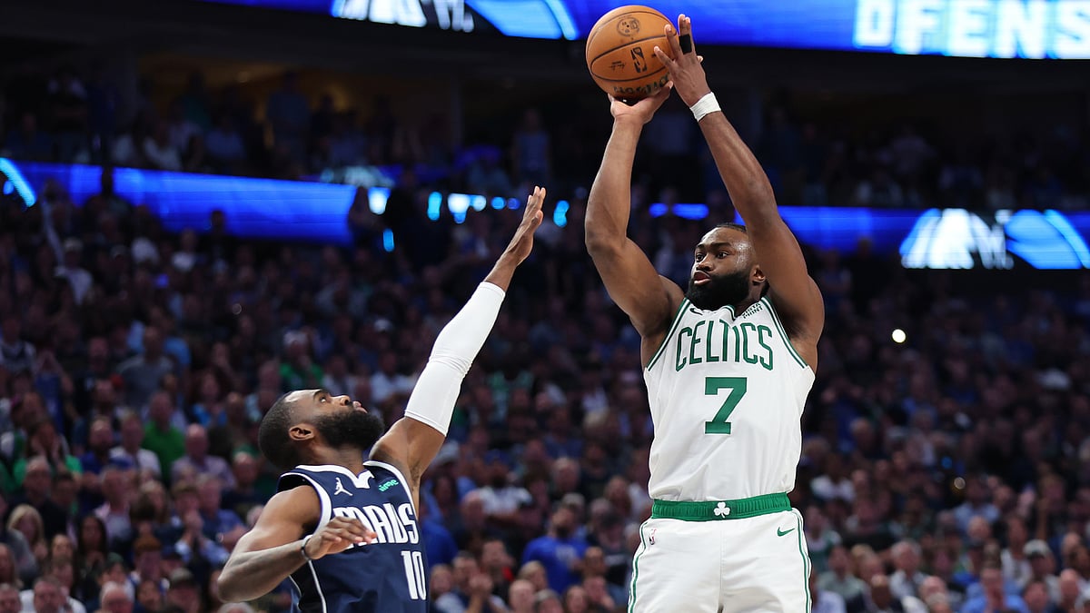 Jaylen Brown shoots over Tim Hardaway Jr. during Game 3 - null