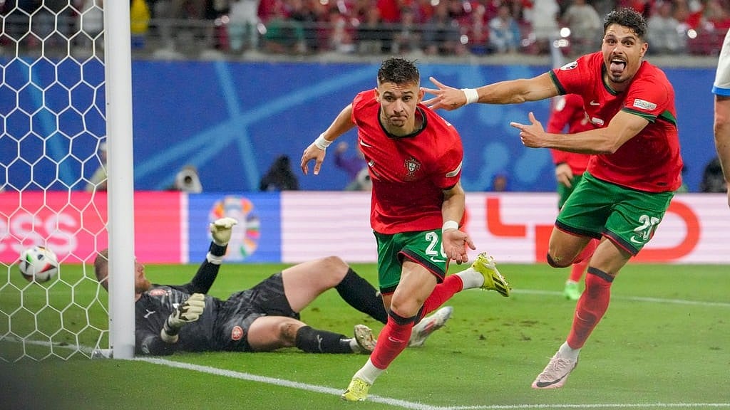 Francisco Conceicao (C) celebrates his side's goal during a Group F match between Portugal and Czech Republic at Euro 2024. - AP