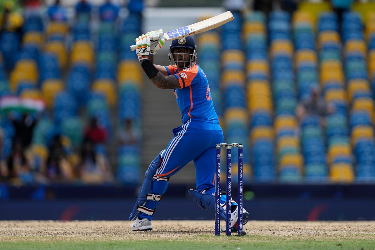  (AP Photo/Ricardo Mazalan)

 : India's Suryakumar Yadav watches the ball after playing a shot during the ICC Men's T20 World Cup cricket match between Afghanistan and India at Kensington Oval in Bridgetown, Barbados, Thursday, June 20, 2024.
