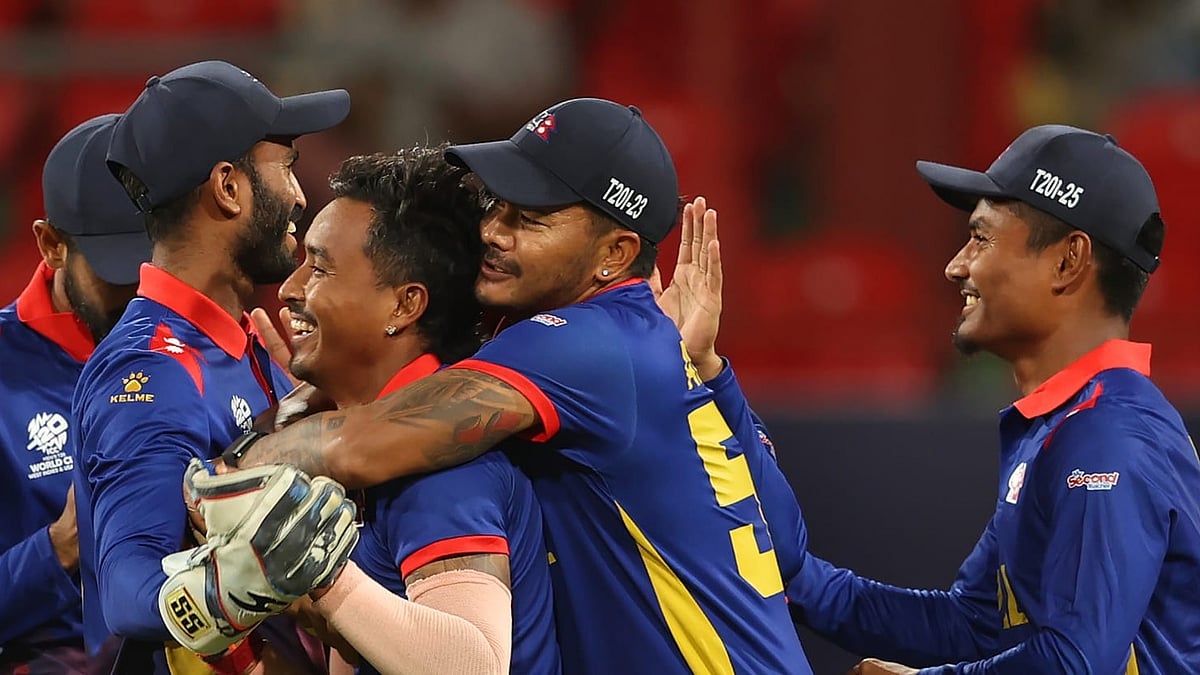 ICC : Sompal Kami celebrates a wicket with teammates during the Nepal vs Bangladesh, ICC T20 World Cup 2024 match in St Vincent on Monday (June 17).