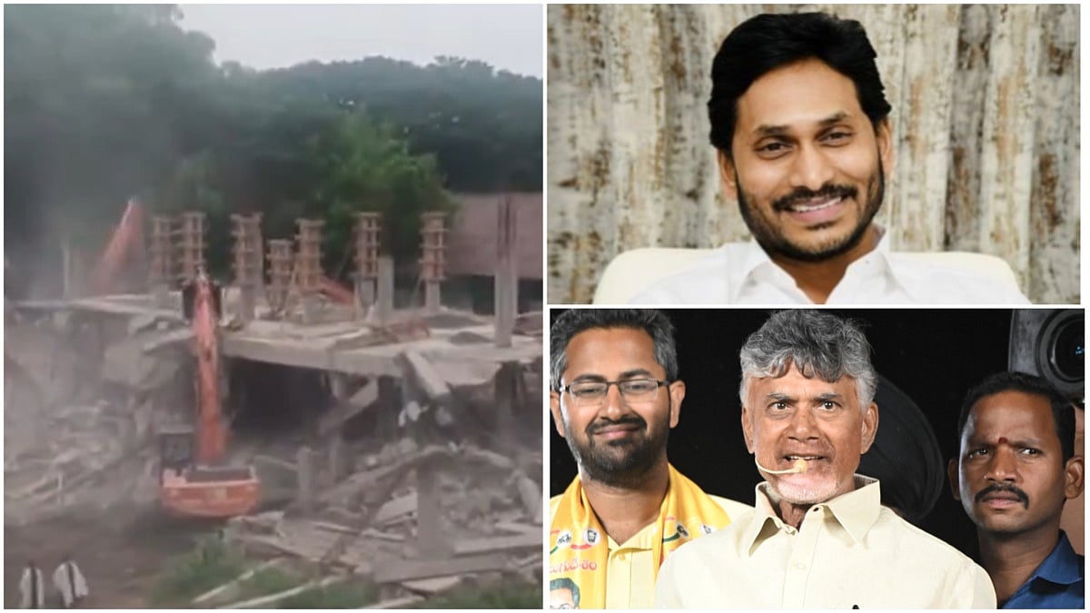 X/@ANI/@jsyagan/@ncbn : L: YSRCP under construction office demolished | R: Jagan Mohan Reddy, Chandrababu Naidu (D)