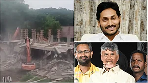 X/@ANI/@jsyagan/@ncbn : L: YSRCP under construction office demolished | R: Jagan Mohan Reddy, Chandrababu Naidu (D)