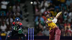 Photo: AP/Ricardo Mazalan : Shai Hope hits a big one during the USA vs West Indies, ICC T20 World Cup 2024 match in Barbados.