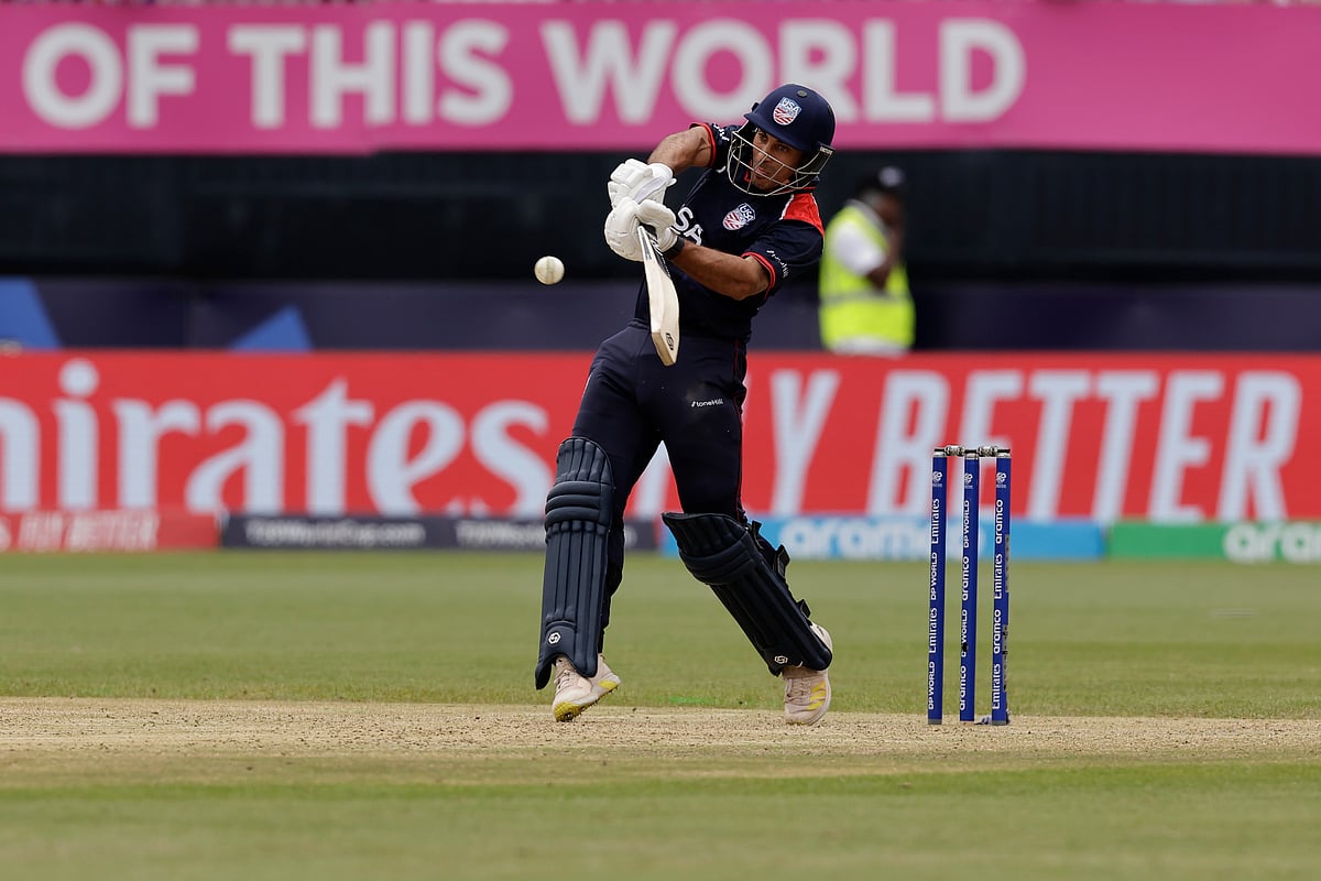 (AP Photo/Adam Hunger) : United States' Shadley Van Schalkwyk plays a shot during the ICC Men's T20 World Cup cricket match between United States and India at the Nassau County International Cricket Stadium in Westbury, New York, Wednesday, June 12, 2024. 
