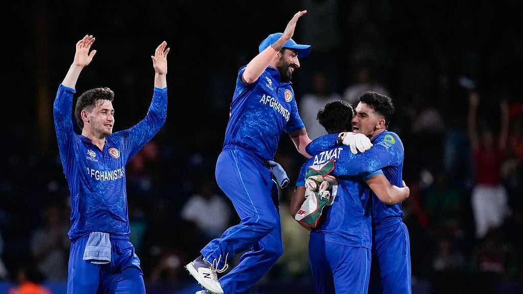 Afghanistan celebrate their victory over Australia, ICC T20 World Cup 2024 Super 8, AP photo