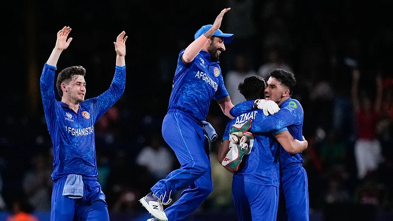 Afghanistan celebrate their victory over Australia, ICC T20 World Cup 2024 Super 8, AP photo