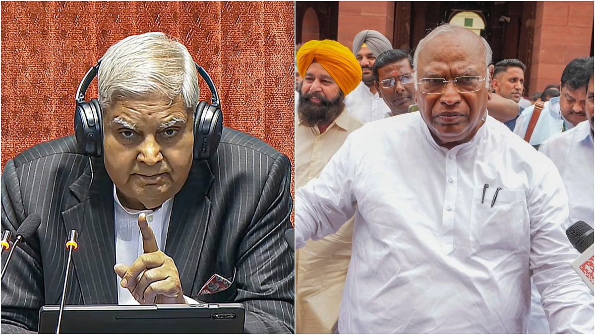 Rajya Sabha Chairman Jagdeep Dhankar (L) Leader of Opposition Mallikarjun Kharge (R) - PTI