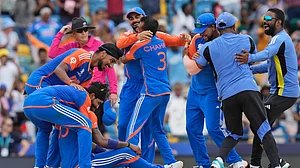 AP Photo/Ramon Espinosa : India's players celebrate their win against South Africa in the ICC Men's T20 World Cup final cricket match at Kensington Oval in Bridgetown, Barbados.