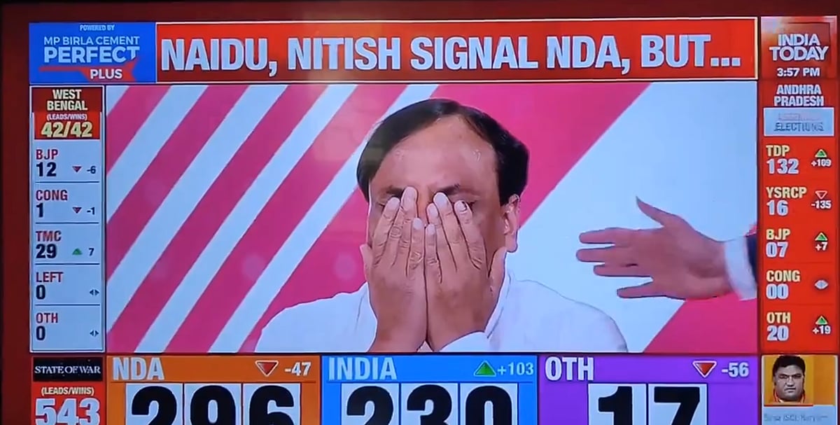 Screengrab from original video on India Today : Axis My India head Pradeep Gupta breaks down on live TV on June 4 after exit poll predictions go wrong 