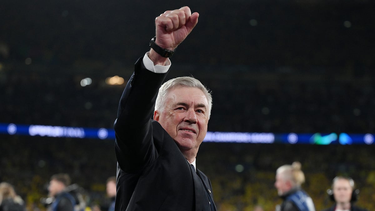 Carlo Ancelotti celebrates for Real Madrid.