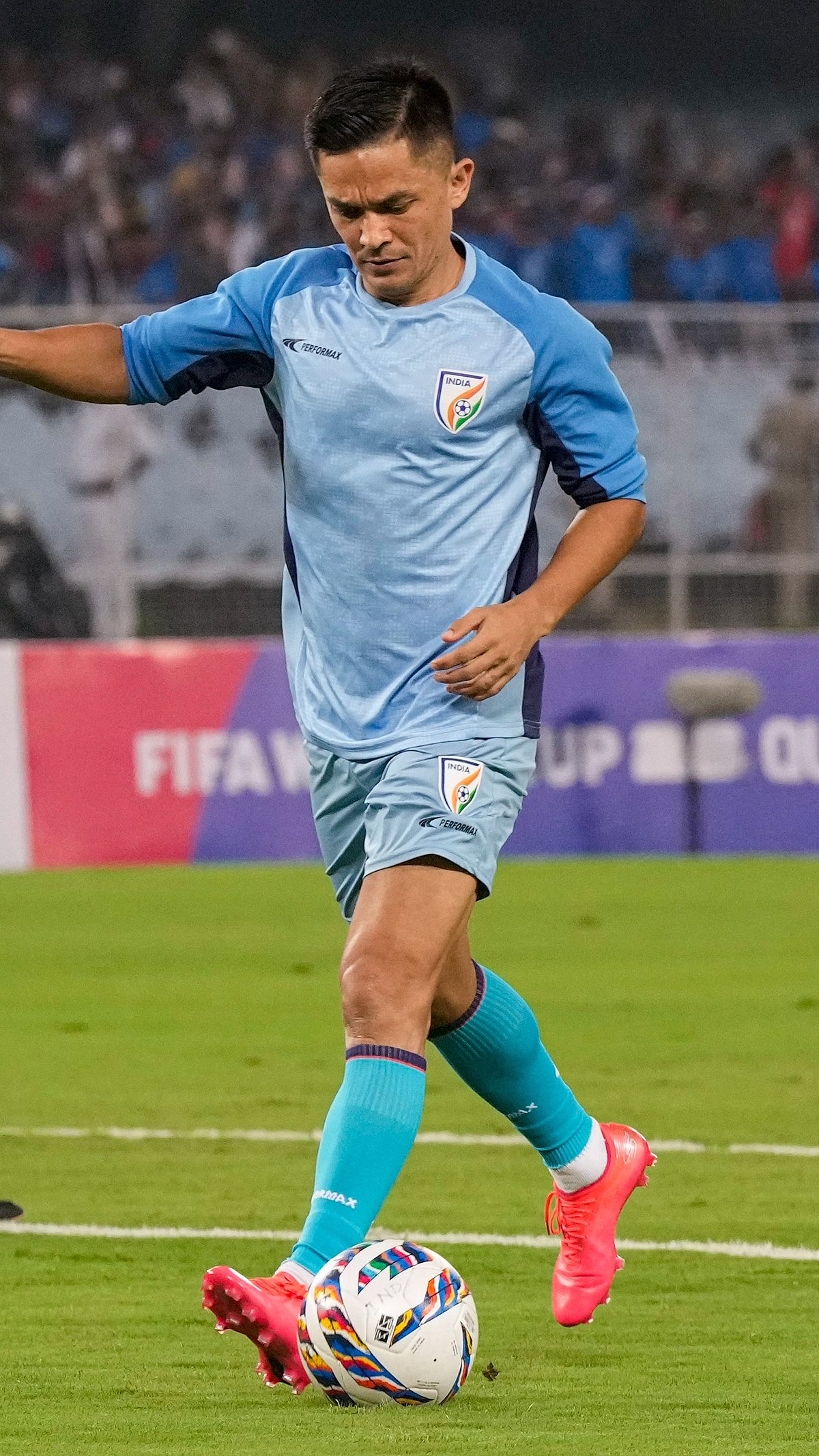 PTI/Swapan Mahapatra : Sunil Chhetri in pre-match warm-up for India.