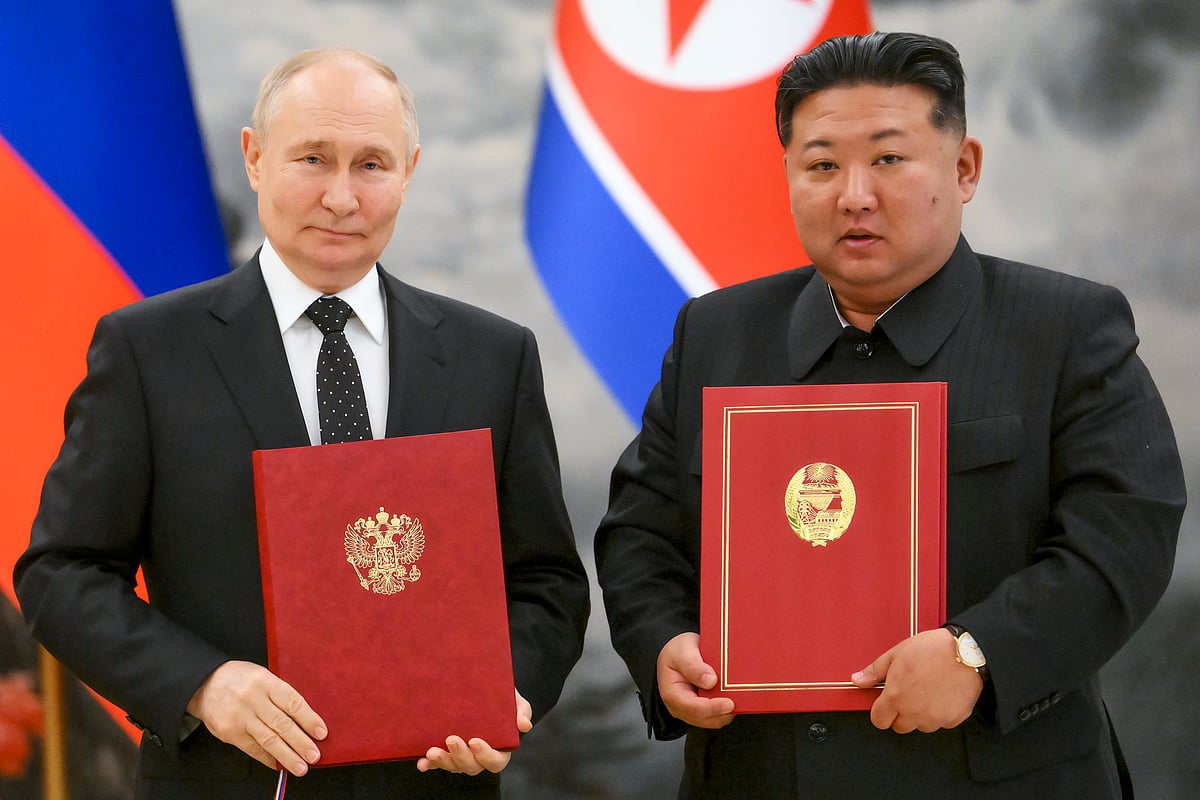 Russian President Vladimir Putin (L) and North Korean leader Kim Jong Un during the signing of their new treaty. - AP