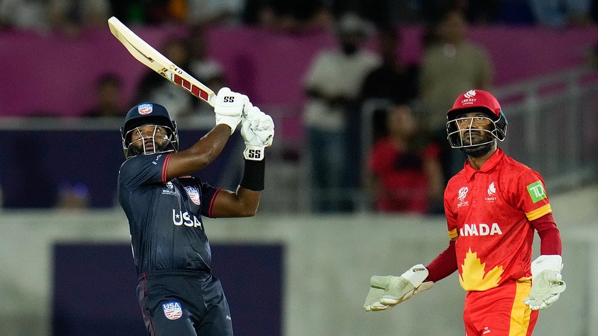 Aaron Jones hits six, USA vs Canada, ICC T20 World Cup 2024, AP photo