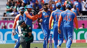 AP/Eduardo Munoz : Mohammad Rizwan (left) fell victim to Jasprit Bumrah's (centre) brilliance during the India vs Pakistan, ICC T20 World Cup 2024 match in New York.