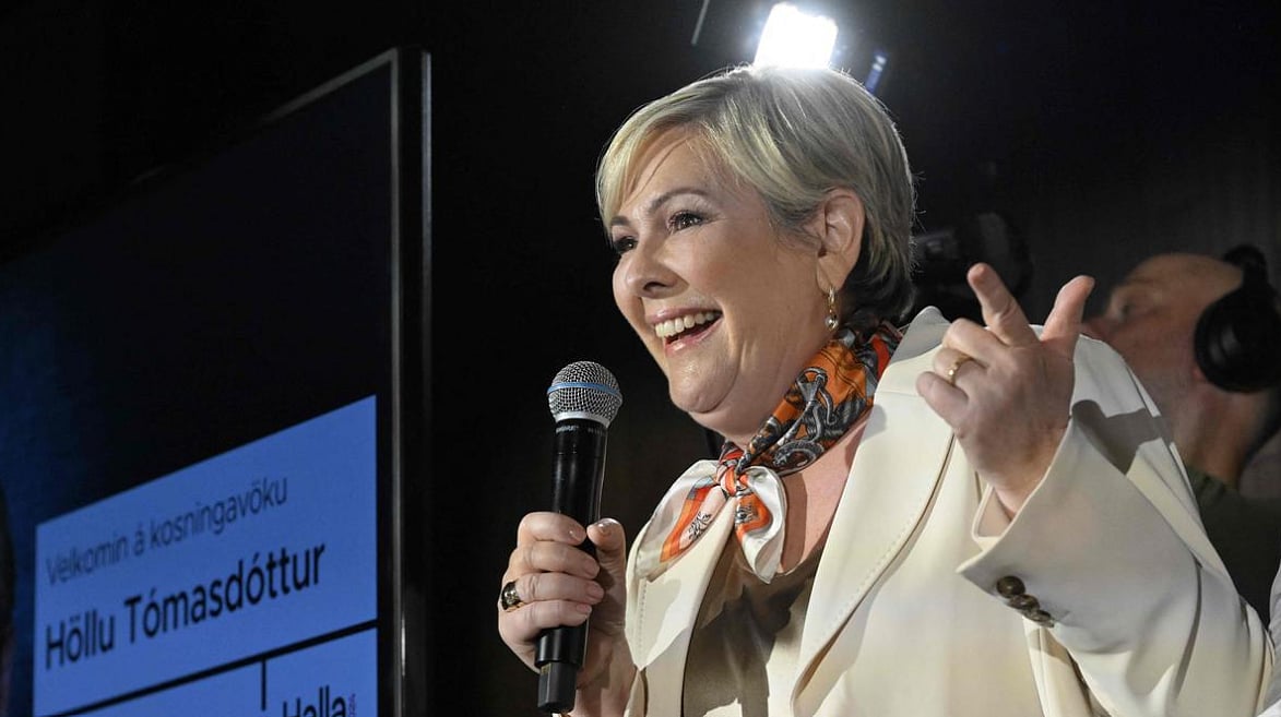 AFP : Icelandic Presidential candidate Halla Tomasdottir addresses supporters after the exit polls suggested she won the race for the Presidency in Reykjavik, on June 2, 2024. Icelanders casted their ballots on June 1, 2024 in a presidential election that saw Tomasdottir defeating former Prime Minister Katrin Jakobsdottir in the poll |