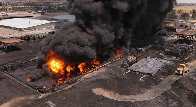 Firefighters Battle Massive Fire At Northern Iraq Oil Refinery