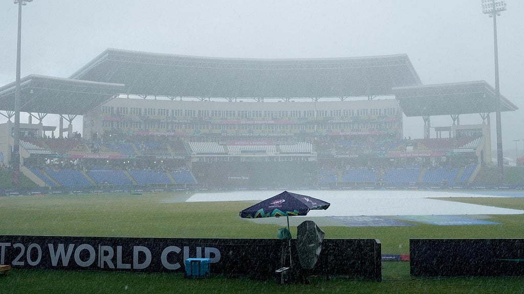 AP/Ricardo Mazalan : Rain delayed the start of an ICC Men's T20 World Cup cricket match between Namibia and England at Siv Vivian Richards Stadium in North Sound, Antigua and Barbuda, Saturday, June 15, 2024.