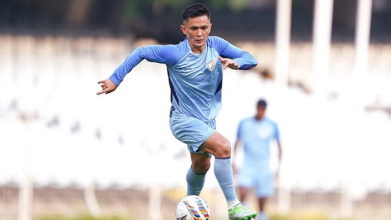 Indian football team captain Sunil Chhetri in action during r - X | Indian Football Team