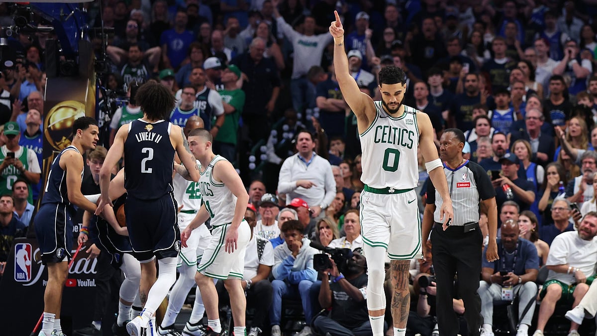 Jayson Tatum #0 of the Boston Celtics reacts in the fourth quarter against the Dallas Mavericks in Game Three of the 2024 NBA Finals at American Airlines Center on June 12, 2024 in Dallas, Texas.