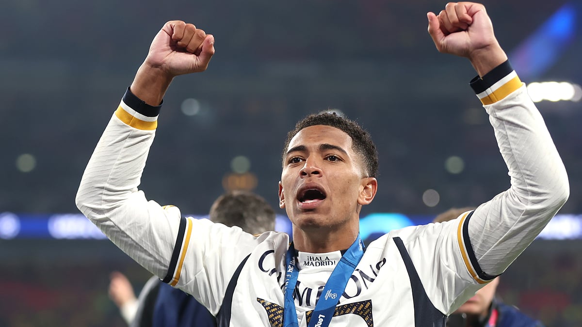 Jude Bellingham celebrates his first-ever Champions League success at Wembley Stadium