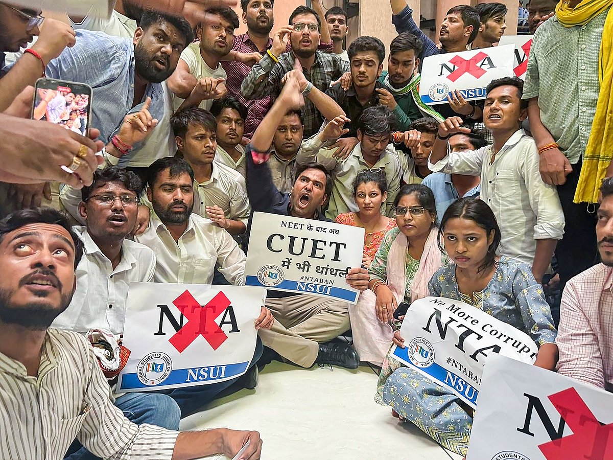 - : A protest by members of Congress student union NSUI against irregularities in examinations and NTA