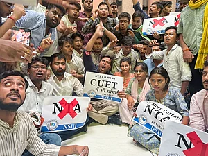 - : A protest by members of Congress student union NSUI against irregularities in examinations and NTA