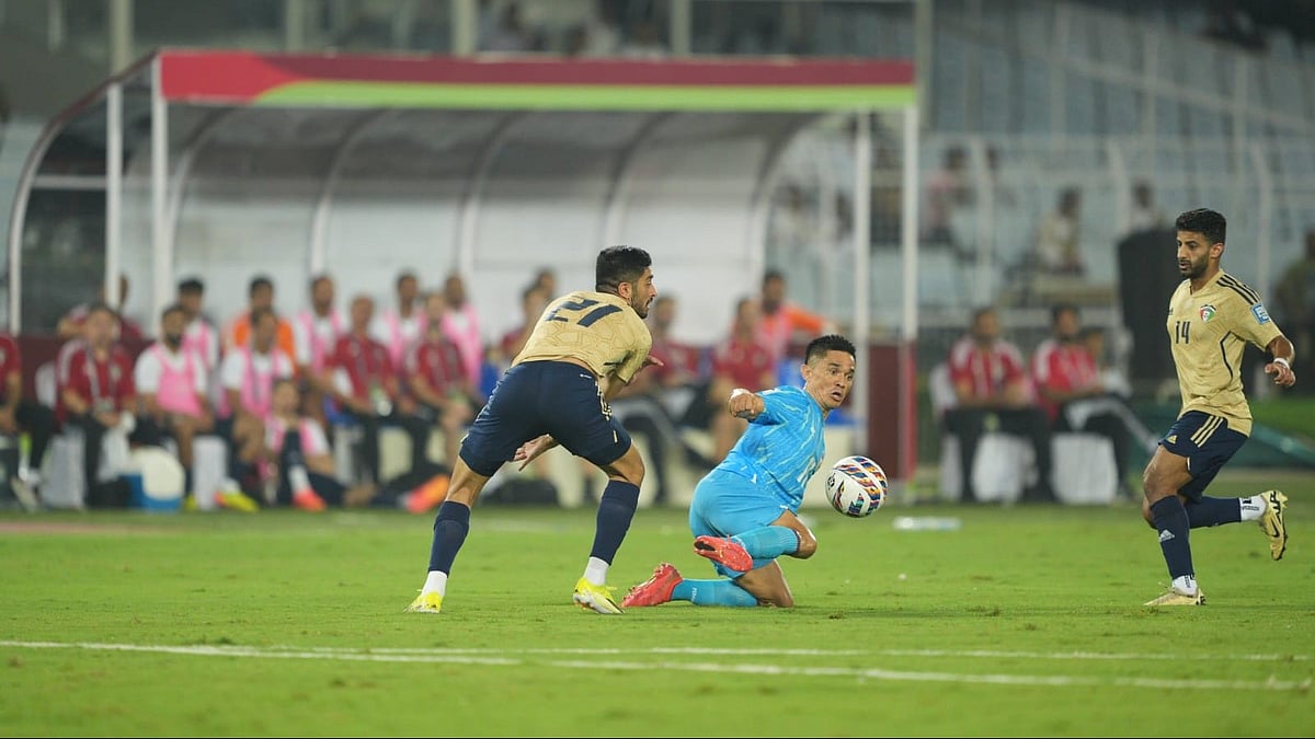 Sunil Chhetri trying to get hold of the ball during his farewell match against Kuwait. - Photo: AIFF Media