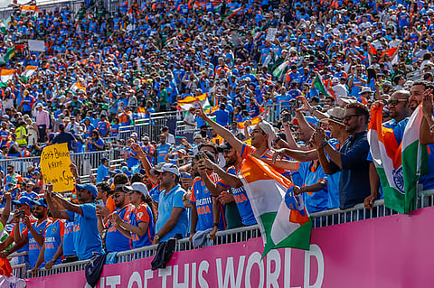 Indian supporters celebrate the team's win over Pakistan in their T20 World Cup 2024 clash at the Nassau County International Cricket Stadium in Westbury, New York.